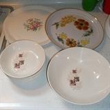 Fun sampling of various vintage dishes, including TST Homespun rooster bowls in foreground.