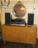 Brickwede 1950s modern buffet and 1970s RCA stereo with turntable and 8-track player.