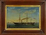 19th Century Oil Painting, Sidewheel Steamer Ship