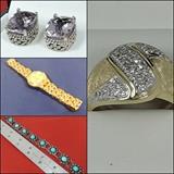 Six carat pink amethyst earring in sterling silver. Ladies' Wittnauer watch. Mid century Mexican turquoise and sterling bracelet. Twenty-four diamond yellow gold ring.