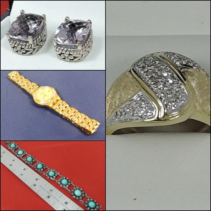 Six carat pink amethyst earring in sterling silver. Ladies' Wittnauer watch. Mid century Mexican turquoise and sterling bracelet. Twenty-four diamond yellow gold ring.