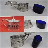 Sterling mustard dish with cobalt blue glass insert.