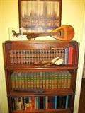 Barristers Bookcase filled Vintage and Antique Books, Vintage Mandolin and Ethnic Instruments 