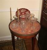 Occasional Table with Red Marble Top, Collection of Cut Crystal...