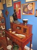 Lovely Desk, with tooled leather inlay, Royal Haegar Statue, Pair of Hand Pained Victorian Masks