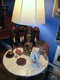 Marble top occasional table, Brass Lamp, Oriental Mini Screens, Lenox Vase