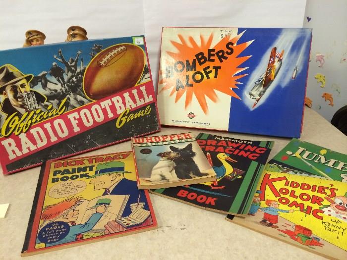 Vintage and Antique games in pretty great shape: Radio Football, Radio Baseball,, Bombers Aloft, 10 pins, very old coloring books, Dick Tracy Paint Book, Whopper Paint Book....