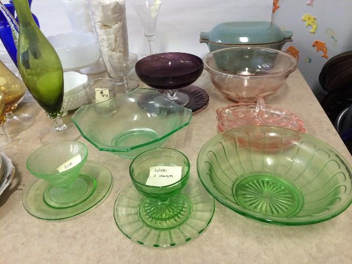 Depression Glass, Vaseline-Uranium Glass, Glidden Covered baking dish, Milk Glass