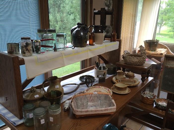 Crocks, Jugs, Stoneware, Zinc Top Canning Jars, bottles, Baskets and all this is on top of a BEAUTIFUL Dining Table with 2 Benches in like new condition!