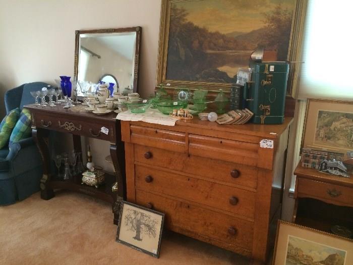 Mahogany/Cherry Pier table with mirror, Primitive handmade pine dresser with locks, Stereo Viewer, 