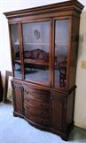Antique Sheraton style glass front china hutch - measures 75" tall x 45" wide x 14.25" deep - beautiful wood detailing and in very good condition - $ 375.00 SOLD