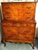 Montovano Italian Provincial chest on chest dresser - $ 900.00 - measures 38" wide x 20" deep x 53" tall - sold as part of a full bedroom suite including vanity / stool, 2 antique mirrors, bedroom chair, low dresser, chest on chest dresser and end table for $ 4,000 total.