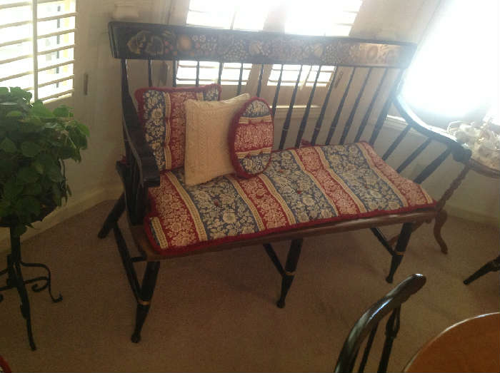 Stenciled Windsor Bench with cushions - 34 " high x 49" long x 35" deep - $ 160.00