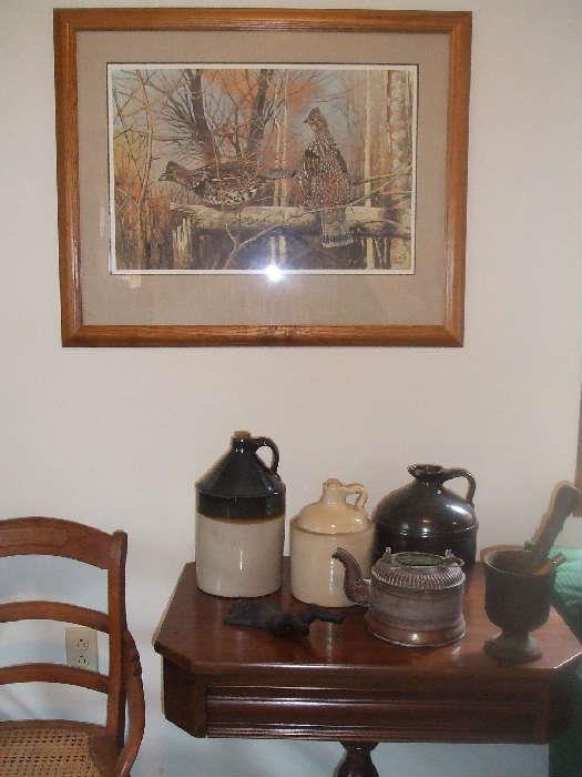 One Jim Foote print, mortar and pestle and jugs