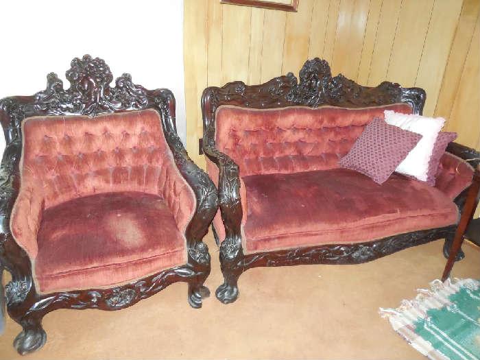 Heavily carved chair and settee-1800's