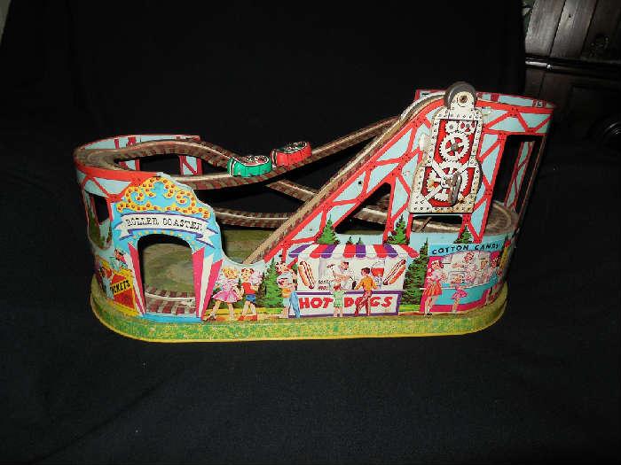 Tin toy roller coaster - 2 cars - works