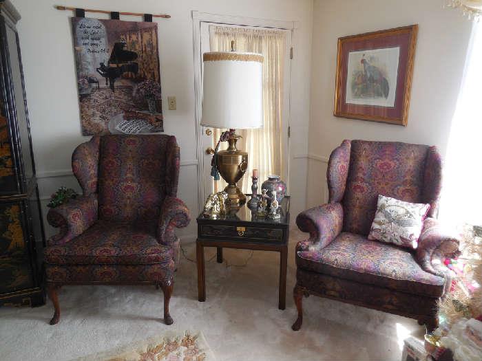 Pr. Queen Anne Chairs, Oriental Lamp Table, One of Pr. Brass Lamps