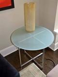 Room & Board Round Glass Side Table, Stainless Steel Base with Frosted Glass Top.  Inventory No. 71