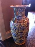             Large blue & white on yellow vase/urn