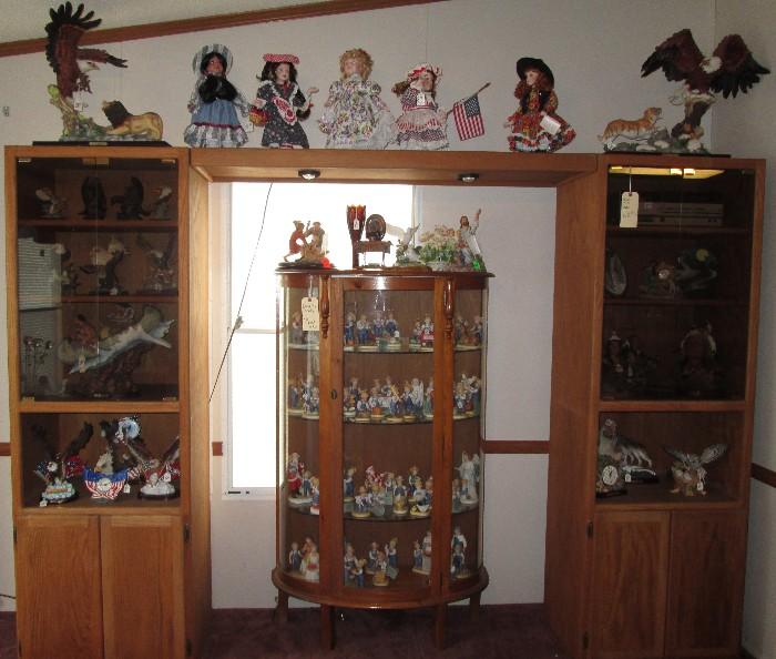 Many collectibles, Homco "Denim Days", Native American, Eagles on solid oak book shelves with lighted canopy