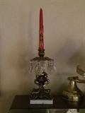 Pair of ornate candlesticks with marble base and vintage crystals.