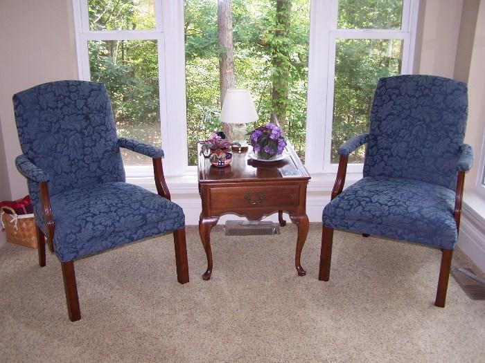Two Very comfortable Blue Chairs and lamp table