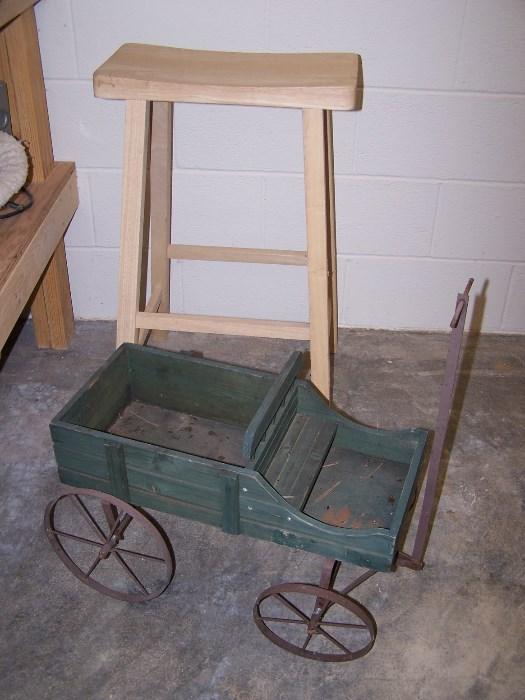 Hand made stool and cute little old wagon