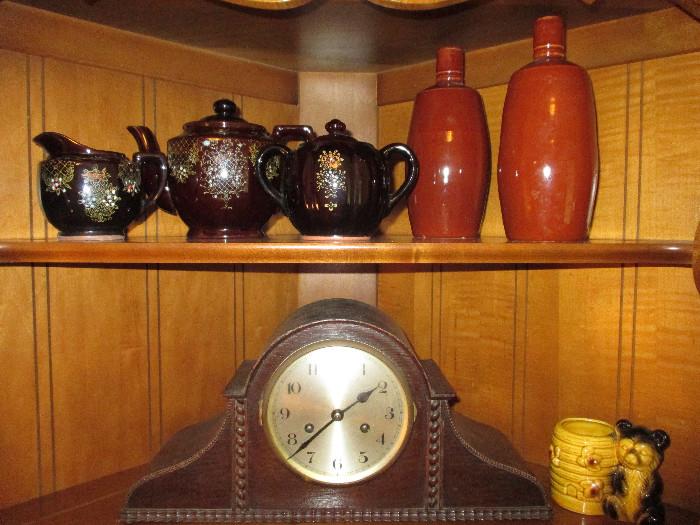 Mantle Clock, Vintage Tea Pot With Sugar and Creamer