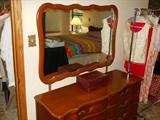 Vintage French Provencial Bedroom Furniture...Double dresser, mirror, headboard, tall chest of drawers and 2 marble top nightstands