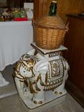 vintage elephant accent piece & wicker demijohn