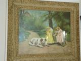 Antique Victorian print  "Making Friends" in original gilt and ornate  frame