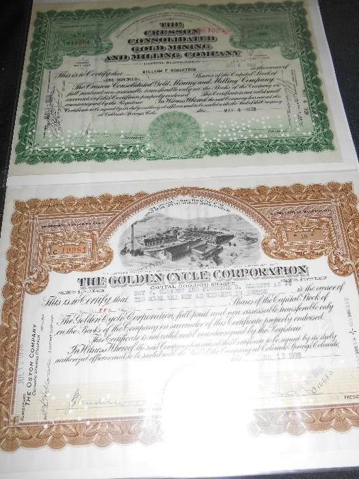 Original Stock Certificates - Cresson Consolidated Gold Mining and Milling Company Dated May 4, 1928 and The Golden Cycle Corporation Dated July 12, 1938