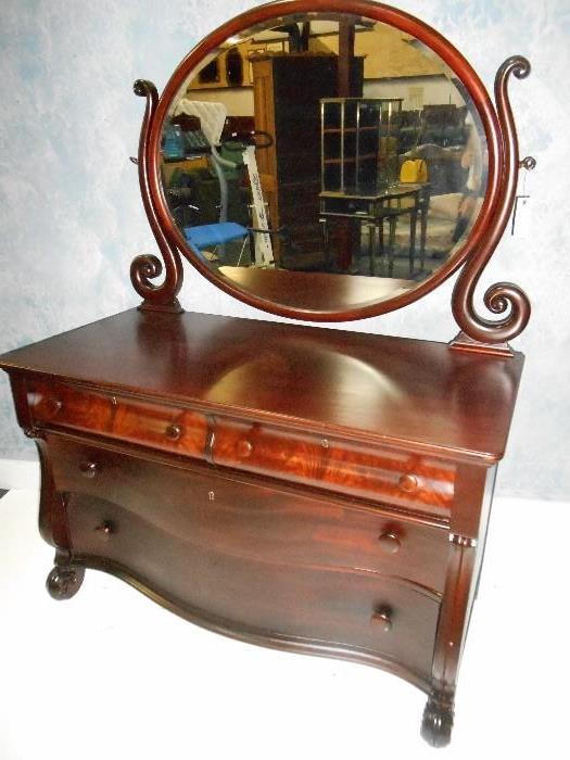 Beautiful Plum Pudding Mahogany Dresser with Oval Beveled Mirror - Attributed to Karpen