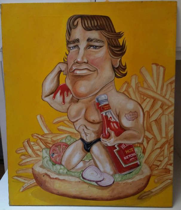 Original caricature painting by celebrity artist Aron Kincaid of Arnold Schwarzenegger. (1980's)