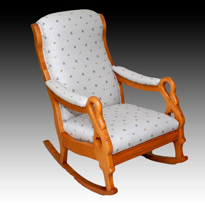 Kimball furniture solid maple wood rocker with swan carved design neutral fabric upholstered arms, seat and back
Condition: Very Good
Shipping: Yes