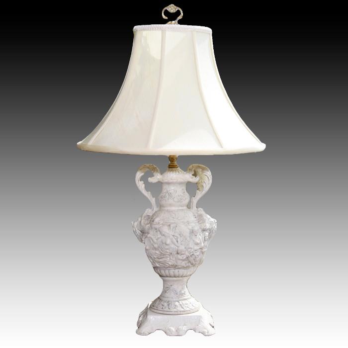 Carved plaster ivory lamp with shade
Condition: Very Good
Shipping: Yes
Size: 28"