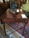 Antique early 1800s mahogany dropleaf table with drawer; bronze cowboy, limited edition 11/24 by Keith Christie