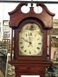 Antique Scottish tall case clock with painted metal face and pine case
