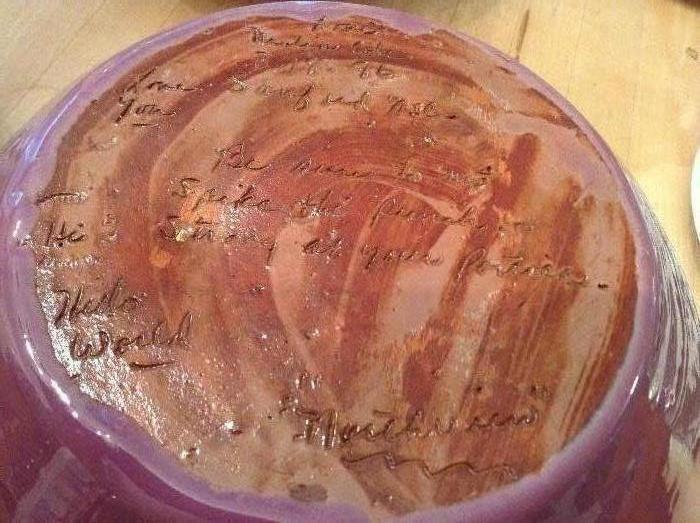 Large punch bowl by Neolia Cole (Sanford NC) with personalized message on the bottom