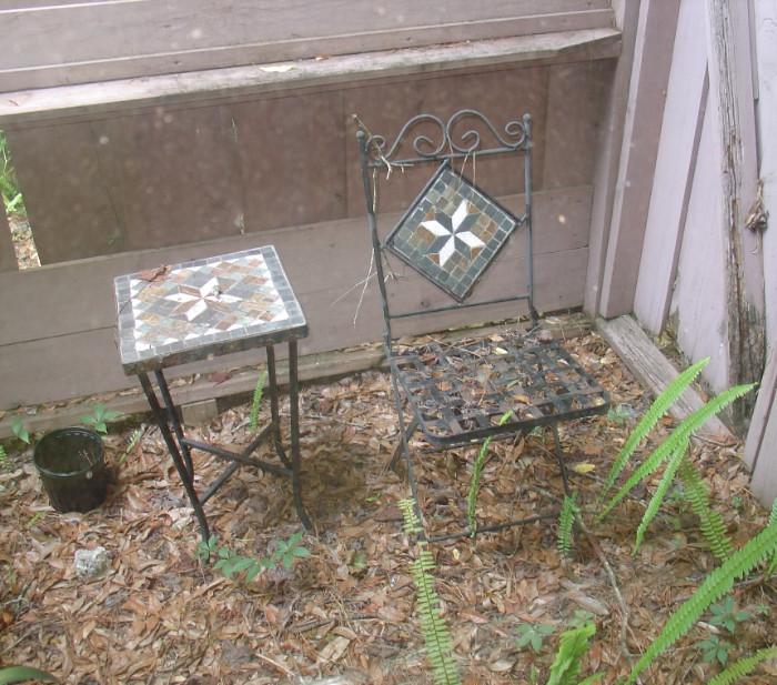 Wrought iron/tile table, chair