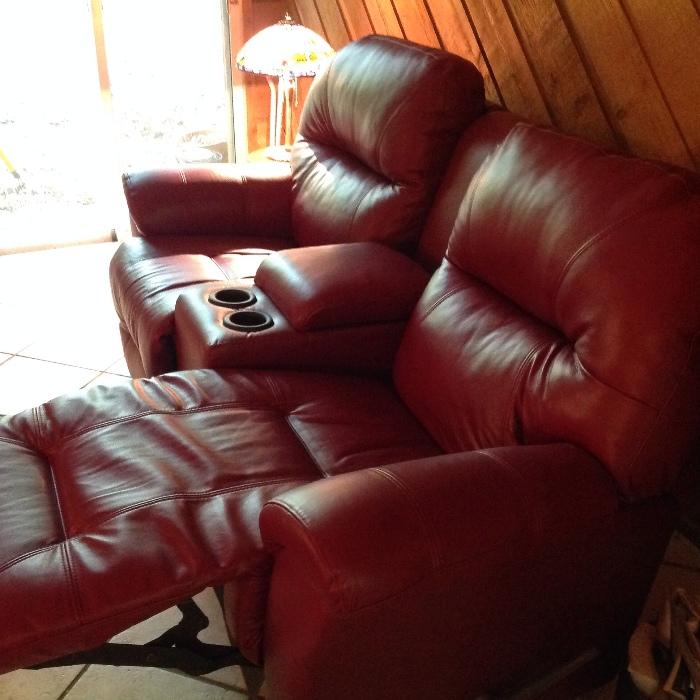 Red leather loveseat recliners