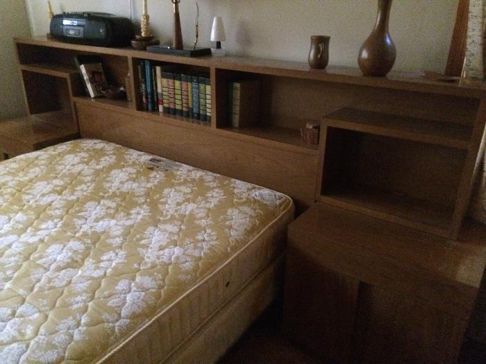 Mid-century bookcase headboard with detachable side tables