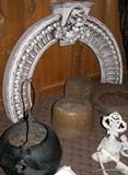Hat Molds, Cast kettle, Cast iron Decorative pieces and the wood curved wall hanger