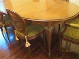French country dining table, 8 cane chairs, table pads