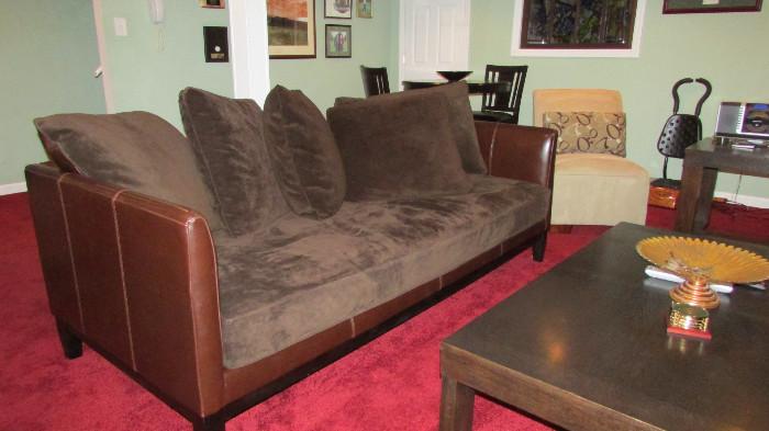 Modern Contemporary Leather & Microfiber Sofa / Couch & Square Coffee Table 