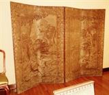 Fabulous Antique Two-Tapestry Folding Screen w/ Leather Trim & Studs