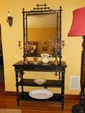 Pair of American Victorian Ebonized Onyx-Top Faux-Bamboo Side Tables; Faux-Bamboo Chinese-Style Mirror; Pair of Antique Copper Candelabras; Hall Pitcher, ca. 1930.