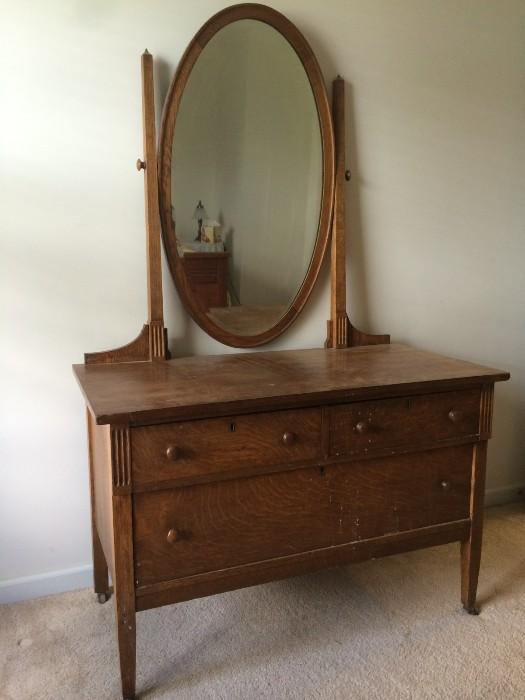 Beautiful Antique Oak Dresser with Oval Mirror.