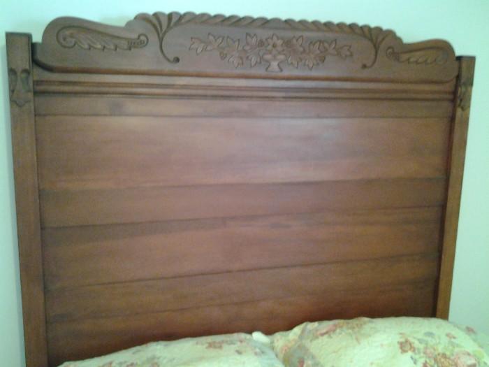 Antique Oak Bed with Ornate Carved Headboardfrom the 1800's