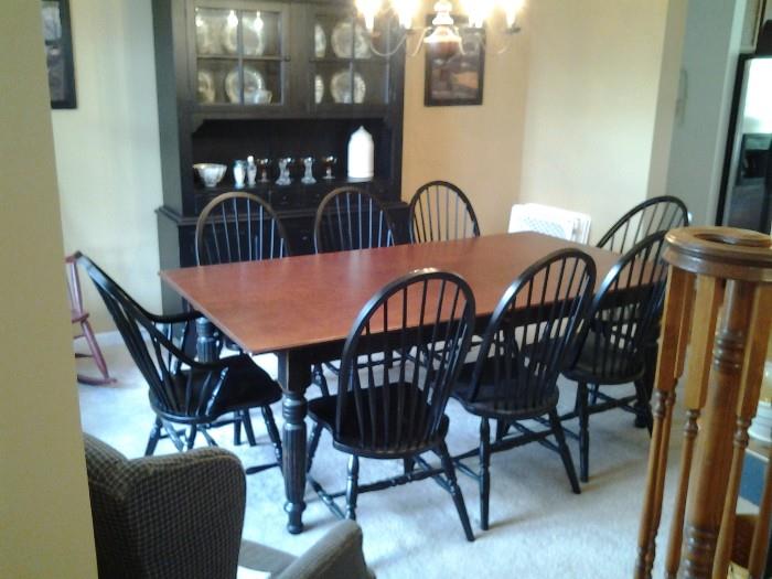 Beautiful Handmade 3 1/2' x 7' Dining Table with 6 Hoop Back Chairs and 2 Hoop Back Chairs with Arms in Oak with Black Finish.  
